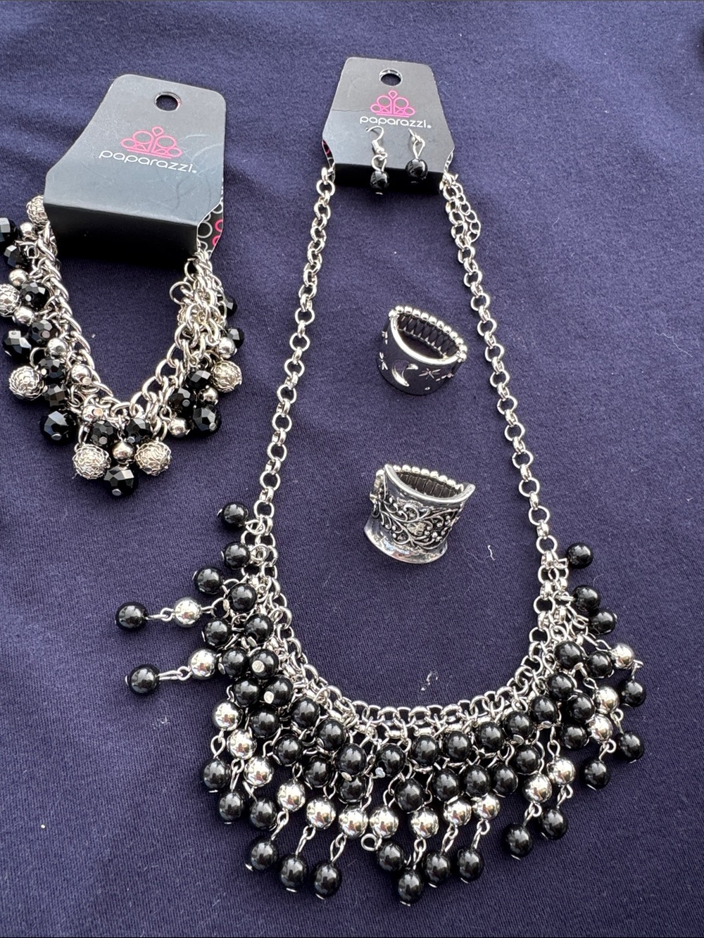 paparazzi Black and Silver Beaded Fringe Necklace Set and two rings